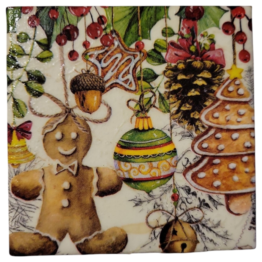 Vtg Christmas Coaster Gingerbread Man Ornament Tree Acorn Pine Cone Jingle Bell